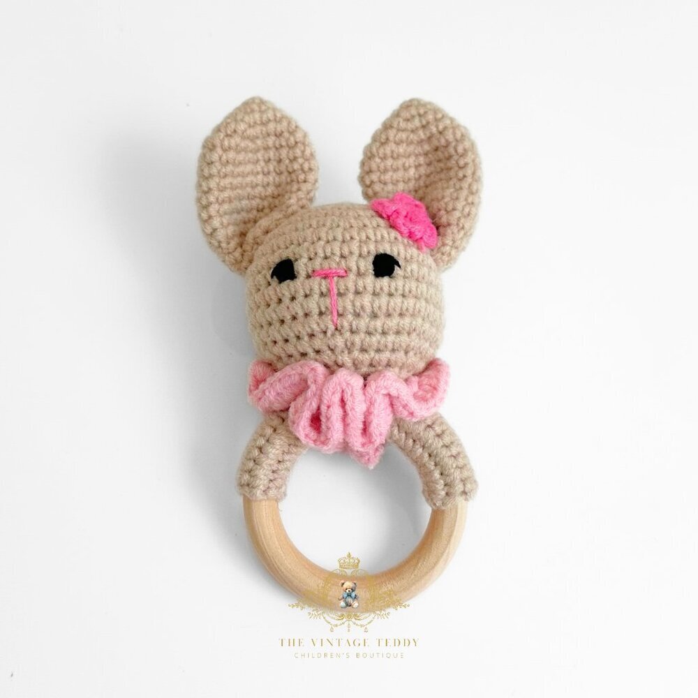 NWT Cute Handmade Crochet Ms. Bunny Baby Rattle Baby & Toddler Wooden Plush Toys